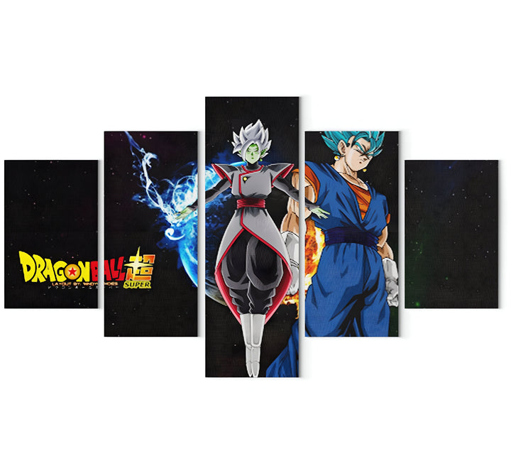 Une fresque représentant deux personnages du dessin animé Dragon Ball Super. À gauche, se trouve Zamasu, un personnage aux cheveux verts et à la peau blanche. Il porte une longue tunique noire et violette. À droite, se trouve Vegeta, un personnage aux cheveux bleus et à la peau bronzée. Il porte une combinaison bleue et jaune.,TA-2436304629,TA-1565166493,TA-6319224770,TA-0370883314,TA-1571289151,TA-271265109X