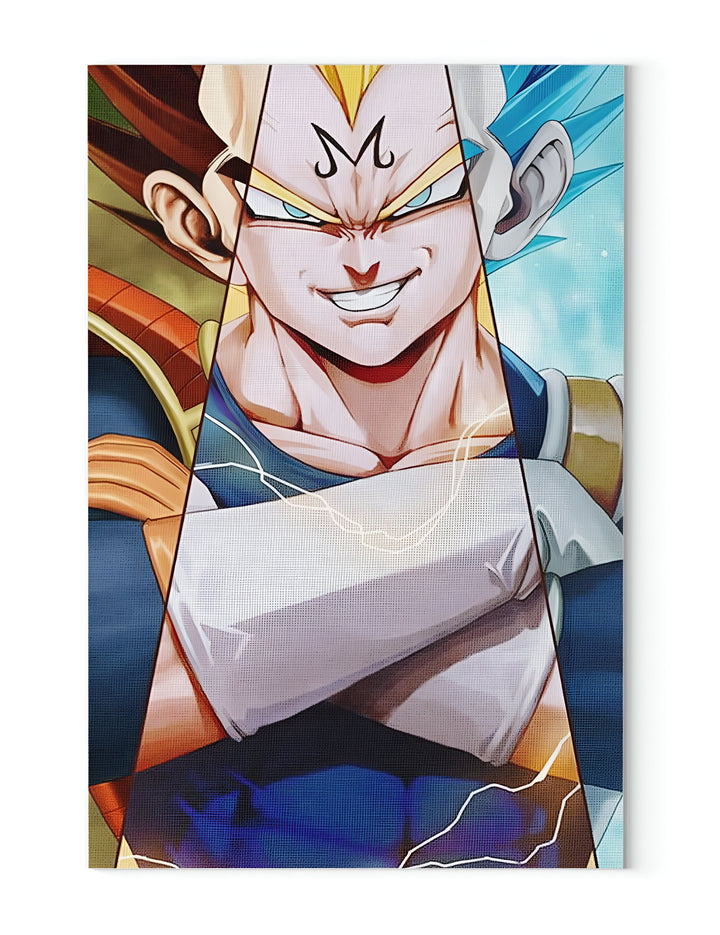 L'image montre un personnage de dessin animé, Vegeta, qui est un Saiyan. Il a les cheveux noirs et les yeux bleus. Il porte une armure bleue et jaune. Il est en train de se battre contre un autre personnage, qui est Goku. Goku est un Saiyan également, mais il a les cheveux noirs et les yeux bleus. Il porte une combinaison orange et bleue.,TA-8329457729,TA-792163530X,TA-1876361891,TA-3447236787