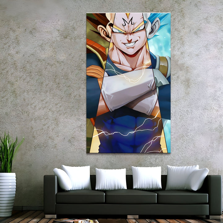 L'image représente un triptyque de personnages du dessin animé Dragon Ball Z. On y voit Vegeta, le prince des Saiyans, sur la gauche, Son Goku, le héros de la série, au milieu, et Vegeta en Super Saiyan Blue, sur la droite. Les personnages sont représentés en train de se battre, et l'arrière-plan est constitué d'un ciel bleu et de nuages blancs.,TA-8329457729,TA-792163530X,TA-1876361891,TA-3447236787