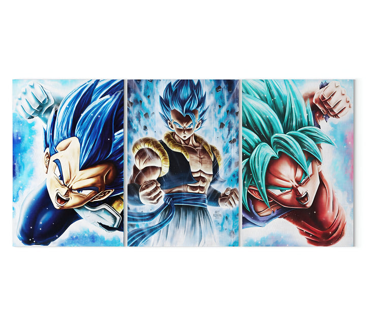 Une illustration de trois personnages de la série Dragon Ball. Le premier est Goku, un Saiyan aux cheveux bleus et portant une combinaison orange. Le deuxième est Vegeta, un Saiyan aux cheveux bleus et portant une combinaison bleue. Le troisième est Broly, un Saiyan aux cheveux verts et portant une combinaison rouge.,TA-6317540756,TA-7313297599,TA-1375976613,TA-0943958741,TA-4109383137,TA-9797163490