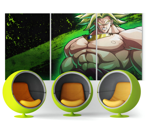 Une image de Broly, un personnage de Dragon Ball Z, est accrochée au mur. Il est représenté avec les cheveux verts et la peau verte. Il porte une armure dorée et a une expression menaçante sur le visage. Devant le tableau, se trouvent trois chaises vertes et jaunes.,TA-8844570211,TA-4375034556,TA-8569068190,TA-2613867477,TA-0632848391,TA-5520797447