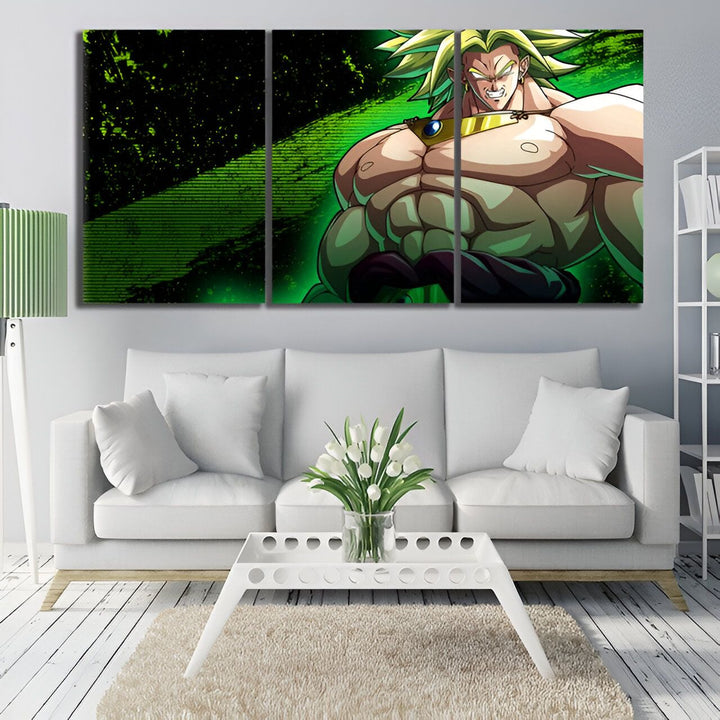 L'image montre un personnage de dessin animé, Broly, qui est un Saiyan. Il est grand et musclé, avec des cheveux verts et des yeux bleus. Il porte une armure verte et dorée. Il est en position de combat, avec un poing en avant et l'autre en arrière. L'arrière-plan est vert avec des éclairs blancs.,TA-8844570211,TA-4375034556,TA-8569068190,TA-2613867477,TA-0632848391,TA-5520797447