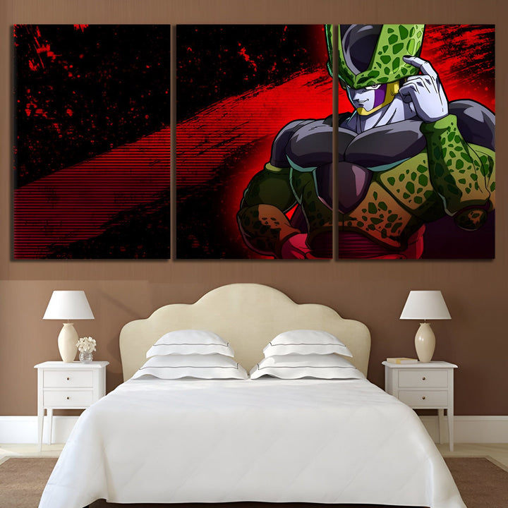 Une image de Cell, un personnage de Dragon Ball Z. Il est grand et musclé, avec une peau verte et des ailes. Il porte une armure noire et verte. Il est en train de se toucher la tête et sourit. En arrière-plan, il y a des éclairs rouges.,TA-1544620179,TA-727746995X,TA-6185007177,TA-4089642914,TA-6542308954,TA-2319861564