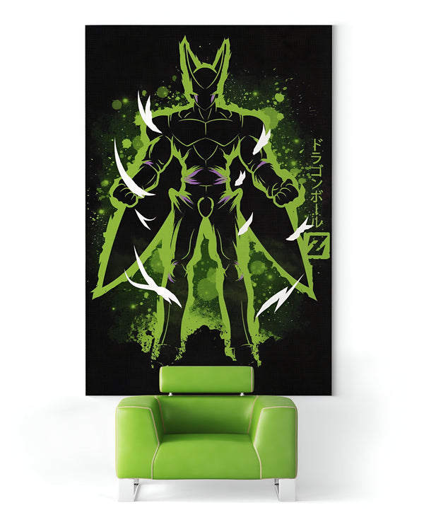 Une illustration de Cell, un personnage de Dragon Ball Z. Il est représenté de dos, avec ses ailes déployées. Il est entouré d'un halo de lumière verte.,TA-8249744896,TA-9666692449,TA-8328121158,TA-6412603832