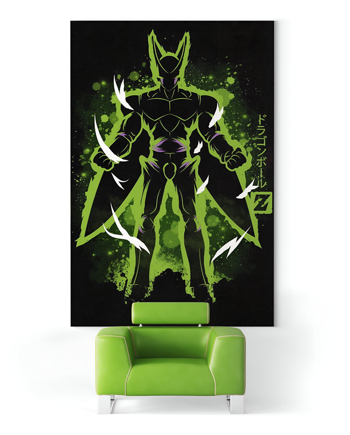 Une illustration de Cell, un personnage de Dragon Ball Z. Il est représenté de dos, avec ses ailes déployées. Il est entouré d'un halo de lumière verte.,TA-8249744896,TA-9666692449,TA-8328121158,TA-6412603832