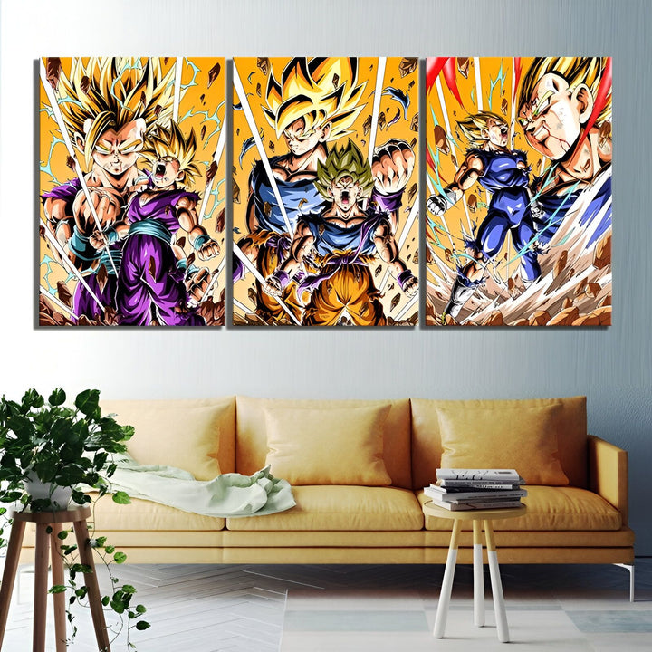 L'image représente un triptyque de trois affiches Dragon Ball Z. Sur la première affiche, on voit Goku et Vegeta en train de se battre. Sur la deuxième affiche, on voit Gohan en train de se battre contre un ennemi. Sur la troisième affiche, on voit Trunks en train de se battre contre un ennemi.,TA-2383541087,TA-4292236348,TA-955351023X