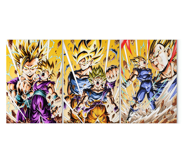 L'image représente un triptyque de l'anime Dragon Ball Z. Sur la gauche, on voit Gohan enfant en train de se battre contre un adversaire invisible. Au milieu, on voit Goku, le personnage principal, en train de combattre Vegeta, un autre personnage important de la série. Sur la droite, on voit Trunks, le fils de Vegeta, en train de se battre contre Cell, un ennemi redoutable.,TA-2383541087,TA-4292236348,TA-955351023X