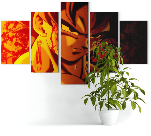 Une image de Son Goku, un personnage de la série animée Dragon Ball Z. Il est représenté en train de se battre contre un adversaire. L'image est divisée en cinq parties, qui sont disposées en quinconce sur le mur. A droite de l'image se trouve une plante verte.,TA-4841139508,TA-8762957813,TA-7413844451,TA-0781310520,TA-4212157020,TA-8269649120