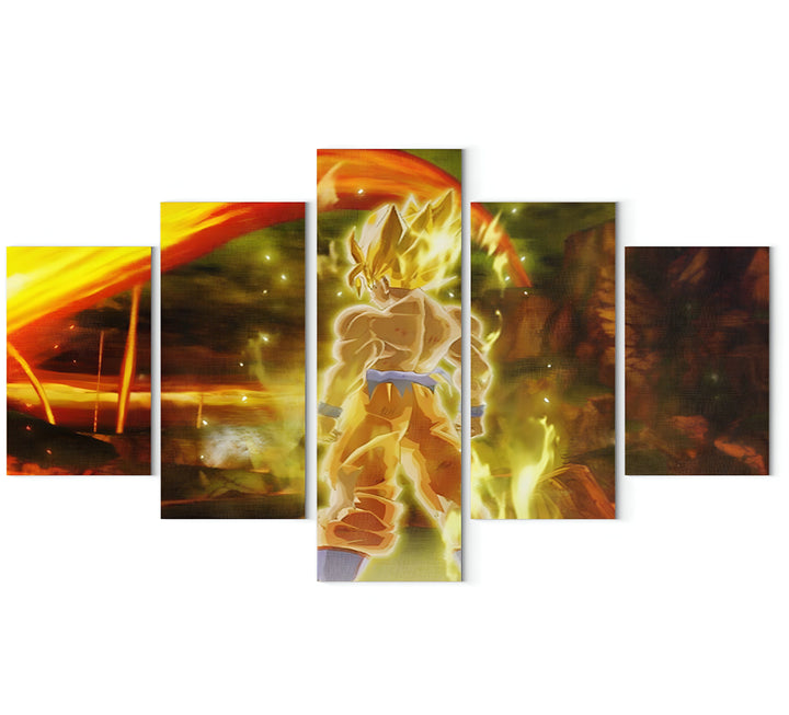 Une fresque en cinq parties représentant Son Goku, un personnage de la série animée Dragon Ball Z. Il est en train de se transformer en Super Saiyan, ce qui est une transformation qui lui donne des cheveux jaunes et une aura dorée. Il est entouré d'un paysage de montagnes et de rochers.,TA-2157651489,TA-1855956829,TA-223313494X,TA-8151975199,TA-3997140472,TA-0189380306,TA-1406987042,TA-4853073337