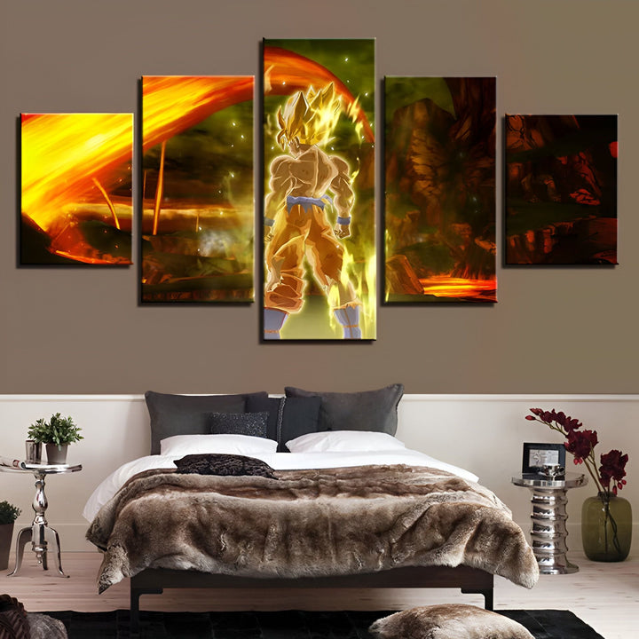 Une fresque en cinq parties représentant Son Goku, un personnage de la série animée Dragon Ball Z. Il est en train de se transformer en Super Saiyan, ce qui est une transformation qui lui donne des cheveux jaunes et une aura dorée. Il est entouré de flammes et de rochers.,TA-2157651489,TA-1855956829,TA-223313494X,TA-8151975199,TA-3997140472,TA-0189380306,TA-1406987042,TA-4853073337