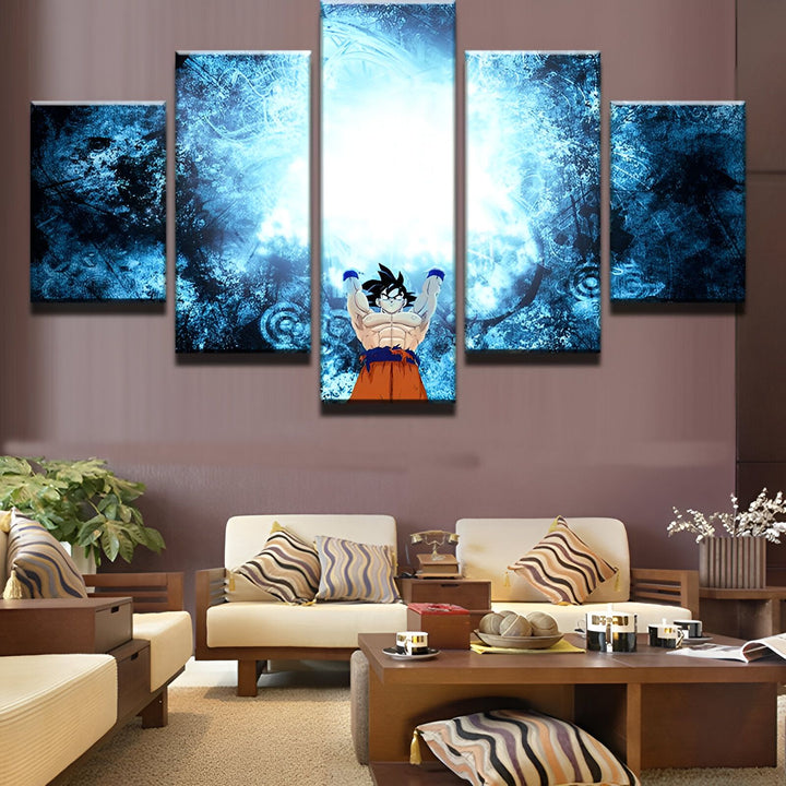 Une image de Son Goku, un personnage de la série animée Dragon Ball Z. Il est représenté en train de se préparer à lancer une attaque. L'arrière-plan est bleu et blanc.,TA-5666815733,TA-5799421604,TA-9600040362,TA-6597679989,TA-9807398924,TA-0754693996