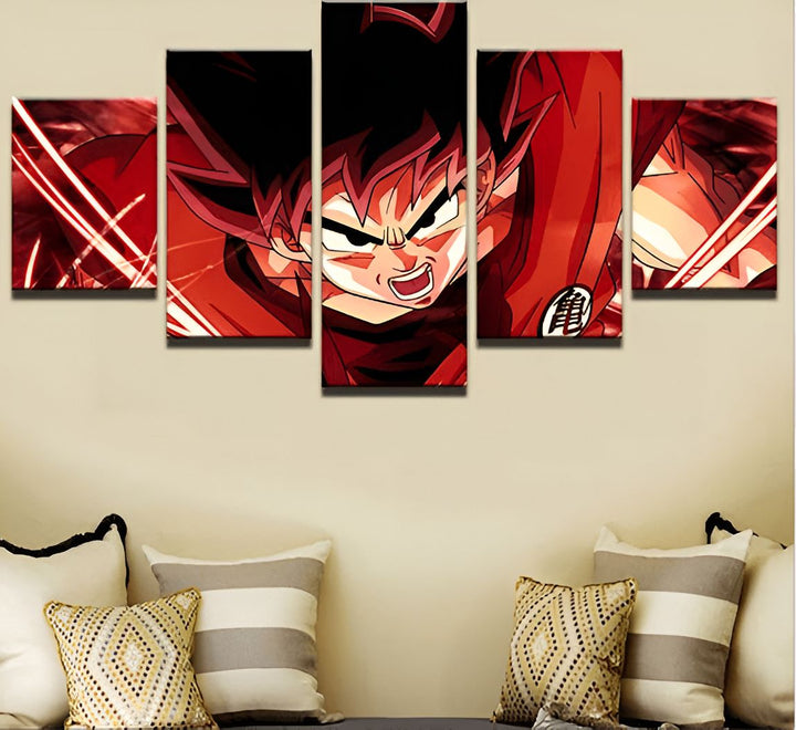 Une fresque représentant Son Goku, un personnage de la série animée Dragon Ball Z, en train de se battre. Il est entouré d'un fond rouge et de plusieurs éclairs.,TA-4700881143,TA-9927666160,TA-6256787439,TA-3775562907,TA-9193982879,TA-4434918435