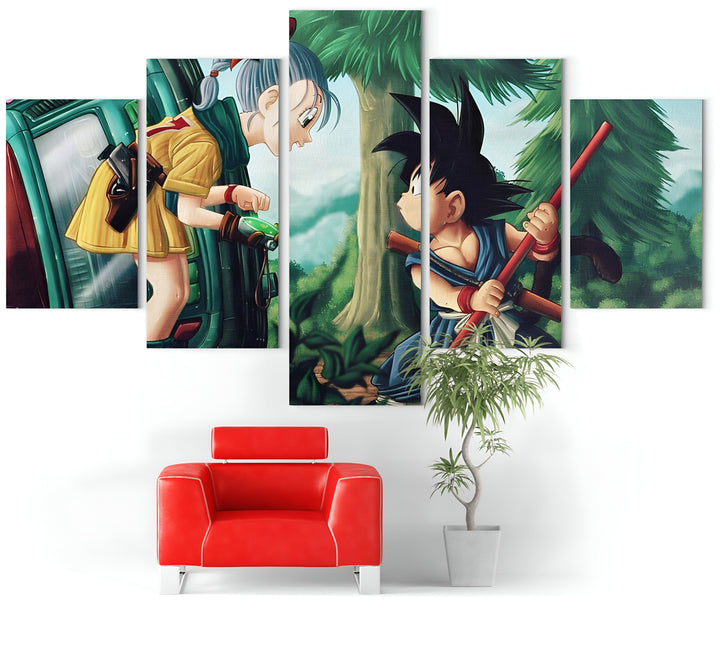 Une image de Son Goku et Bulma dans la forêt. Bulma est dans une voiture verte et Goku est à l'extérieur. Il tient un bâton dans sa main droite et porte une ceinture orange. Bulma a les cheveux bleus et porte une combinaison jaune.,TA-9086415466,TA-4857651017,TA-9900944895,TA-0669953768