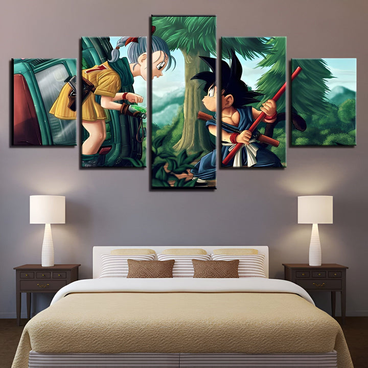 Une image de Son Goku et Bulma dans une forêt. Bulma est dans une voiture volante et Goku est sur le sol, tenant un bâton.,TA-9086415466,TA-4857651017,TA-9900944895,TA-0669953768