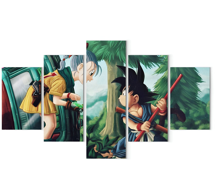 Une image de Son Goku et Bulma dans une forêt. Bulma est dans une voiture verte et tient un pistolet. Son Goku est à l'extérieur de la voiture et tient un bâton.,TA-9086415466,TA-4857651017,TA-9900944895,TA-0669953768