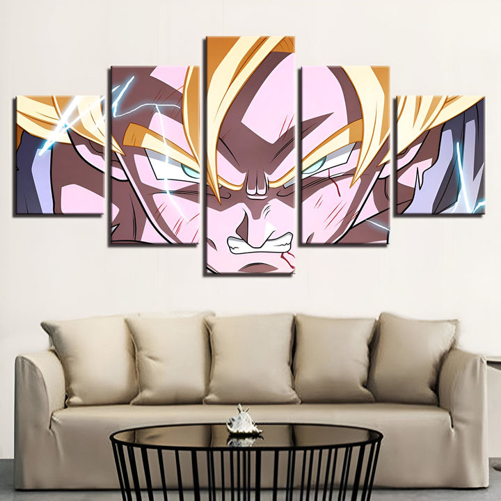 Une image de Son Goku, un personnage de la série animée Dragon Ball Z. Il est représenté en train de se mettre en colère, avec les cheveux jaunes et les yeux bleus. Il est entouré d'éclairs.,TA-2260532551,TA-7752124249,TA-1267430346,TA-294403443X,TA-0468577262,TA-7452753453