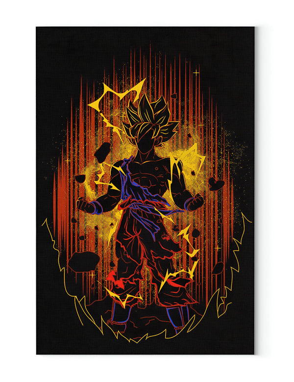 L'image représente Son Goku, un personnage de la série animée Dragon Ball Z. Il est en train de se transformer en Super Saiyan, une transformation qui lui donne des cheveux jaunes et une aura dorée. Il est entouré d'éclairs et de rochers qui volent.,TA-1716915805,TA-0659210010,TA-0423582011,TA-2632655463
