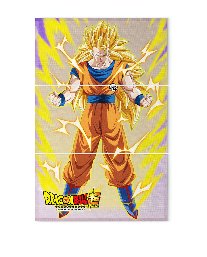 L'image représente Son Goku, un personnage de la série animée Dragon Ball Super. Il est représenté en train de se transformer en Super Saiyan 3, une transformation qui lui donne des cheveux longs et blonds et une aura dorée. Il est vêtu d'un kimono orange et bleu et de bottes jaunes. Il est entouré d'éclairs et le fond est jaune.,TA-1039326714,TA-5834152570,TA-280855608X,TA-7023811311,TA-6508652192,TA-6595205424