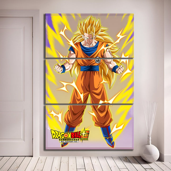 Une image de Son Goku, un personnage de la série animée Dragon Ball Super. Il est représenté en train de se transformer en Super Saiyan 3, avec les cheveux longs et blonds et les yeux bleus. Il est entouré d'éclairs jaunes et porte une combinaison orange et bleue.,TA-1039326714,TA-5834152570,TA-280855608X,TA-7023811311,TA-6508652192,TA-6595205424