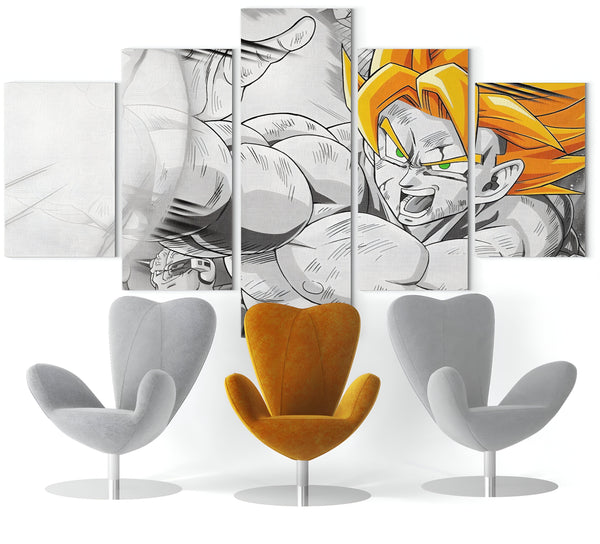 L'image représente un salon moderne avec un canapé jaune et deux fauteuils gris. Au mur, il y a un tableau en cinq parties représentant un personnage de manga en train de se battre.,TA-7072395229,TA-3460061561,TA-0533658373,TA-8931356560,TA-2876103664,TA-4836760844,TA-0239204565,TA-7681689249