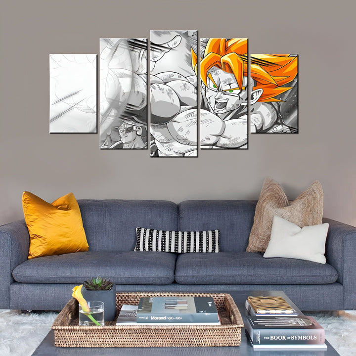 Une image en cinq parties d'un dessin de Son Goku, un personnage de la série animée Dragon Ball Z. Il est représenté en train de combattre un adversaire. L'arrière-plan est blanc et gris, et le premier plan est en couleur.,TA-7072395229,TA-3460061561,TA-0533658373,TA-8931356560,TA-2876103664,TA-4836760844,TA-0239204565,TA-7681689249