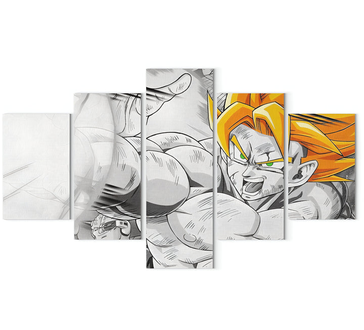 Une illustration en cinq parties de Son Goku, un personnage de la série animée Dragon Ball Z. Il est représenté en train de combattre un adversaire, et est en train de lui donner un coup de poing. L'image est en noir et blanc, avec quelques touches de couleur, notamment les cheveux de Son Goku qui sont jaunes et ses yeux qui sont verts.,TA-7072395229,TA-3460061561,TA-0533658373,TA-8931356560,TA-2876103664,TA-4836760844,TA-0239204565,TA-7681689249