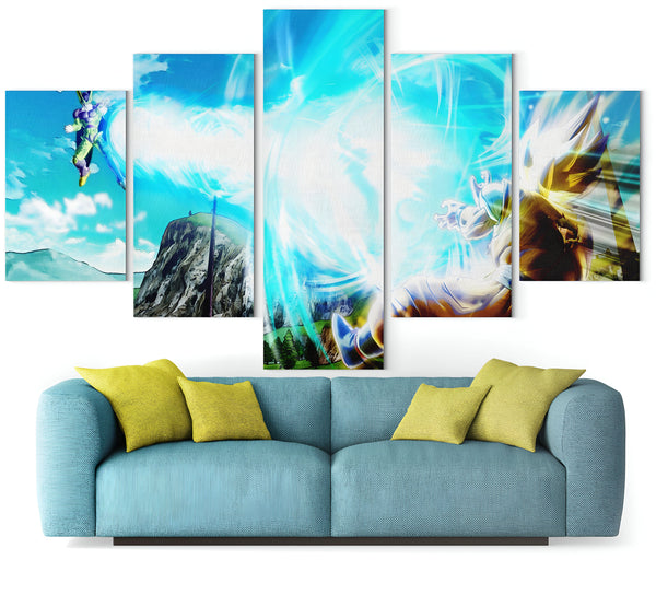 Une fresque en cinq parties représentant un combat entre Son Goku et Cell dans un décor de montagnes et de ciel bleu.,TA-1225607469,TA-8077260896,TA-4208548320,TA-8062292096,TA-5801979360,TA-7007332382,TA-6464381083,TA-8331112660