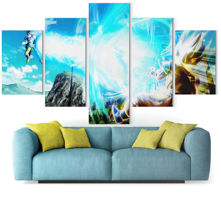 Une fresque en cinq parties représentant un combat entre Son Goku et Cell dans un décor de montagnes et de ciel bleu.,TA-1225607469,TA-8077260896,TA-4208548320,TA-8062292096,TA-5801979360,TA-7007332382,TA-6464381083,TA-8331112660