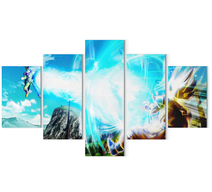 Une fresque en cinq parties représentant un combat entre Son Goku et Cell dans un décor montagneux.,TA-1225607469,TA-8077260896,TA-4208548320,TA-8062292096,TA-5801979360,TA-7007332382,TA-6464381083,TA-8331112660
