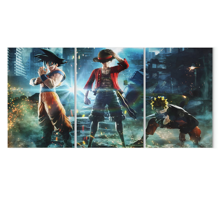 L'image montre les personnages de gauche à droite : Son Goku de Dragon Ball Z, Monkey D. Luffy de One Piece et Naruto Uzumaki de Naruto. Ils sont tous les trois dans une ville en ruines et semblent prêts à se battre.,TA-5609225523,TA-1845786300,TA-6809029249,TA-4629846239,TA-0452897432,TA-0522912834,TA-3954364166,TA-8663832222