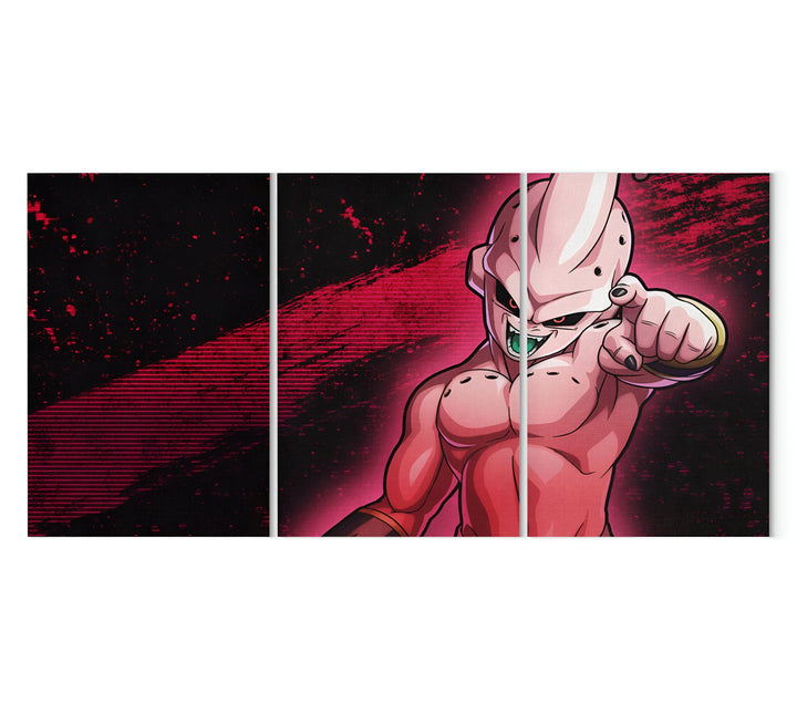 Une image en trois parties de Majin Buu, un personnage de Dragon Ball Z. Il est rose avec des cheveux blancs et des yeux verts. Il est en train de se mettre en position de combat.,TA-6133981229,TA-6135704281,TA-5793926690,TA-2868962971,TA-6884091290,TA-7094084404