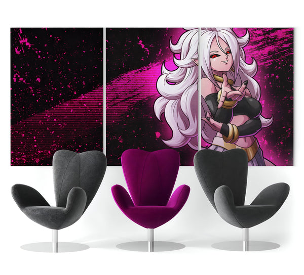 Une image d'Android 21, un personnage de Dragon Ball, est représentée sur un mur. Elle est vêtue d'une combinaison noire et rose et a les cheveux blancs. Elle est entourée de deux chaises grises et d'une chaise rose.,TA-0620320419,TA-9534660957,TA-1768001146,TA-8039348420,TA-2803602105,TA-8854051047