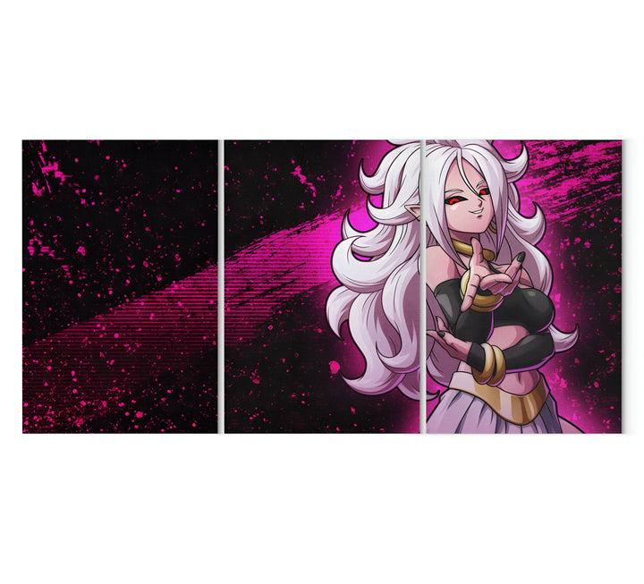 Le triptyque représente le personnage d'Android 21 de la série Dragon Ball. Elle est représentée avec ses cheveux blancs et ses yeux rouges, vêtue d'une combinaison blanche et violette. Le fond est noir avec des éclaboussures de peinture rose.,TA-0620320419,TA-9534660957,TA-1768001146,TA-8039348420,TA-2803602105,TA-8854051047