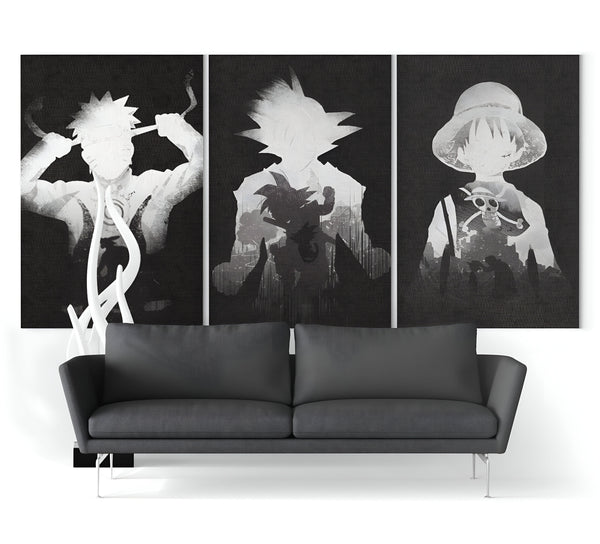 L'image représente un triptyque de toiles représentant les personnages de Naruto, Son Goku et Luffy. Les toiles sont en noir et blanc et les personnages sont représentés en silhouette.,TA-8768129610,TA-3127063032,TA-2685016872,TA-7398237251,TA-5400926541,TA-3838380304