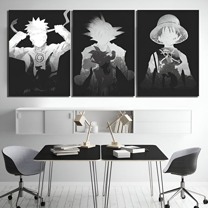 L'image représente un triptyque de cadres représentant des personnages de mangas célèbres. Le premier cadre représente Naruto Uzumaki, le deuxième Son Goku et le troisième Monkey D. Luffy.,TA-8768129610,TA-3127063032,TA-2685016872,TA-7398237251,TA-5400926541,TA-3838380304