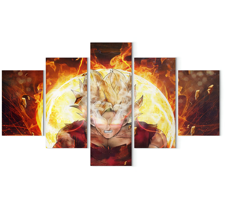 Une fresque représentant Son Goku, un personnage de la série animée Dragon Ball Z. Il est en train de se transformer en Super Saiyan, une transformation qui lui donne des cheveux jaunes et une aura dorée. Il est entouré de flammes et de rochers.,TA-2453168177,TA-8146858384,TA-8593383157,TA-887027005X,TA-2039245049,TA-4365522159,TA-7378564850,TA-0763057193