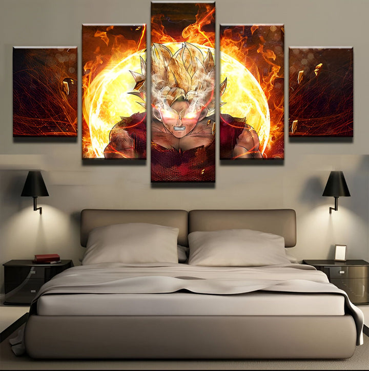 Une fresque représentant Son Goku, un personnage de la série animée Dragon Ball Z, en train de se transformer en Super Saiyan. Il est entouré de flammes et de fumée, et son regard est déterminé.,TA-2453168177,TA-8146858384,TA-8593383157,TA-887027005X,TA-2039245049,TA-4365522159,TA-7378564850,TA-0763057193