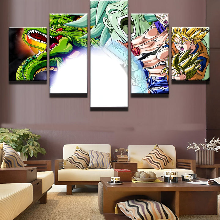 Une fresque en cinq parties représentant Son Goku, le personnage principal de la série Dragon Ball Z, en train de combattre un monstre.,TA-6622613893,TA-4195067367,TA-1661332870,TA-7178887486,TA-1485531667,TA-9005709820,TA-1776717597,TA-8300489355
