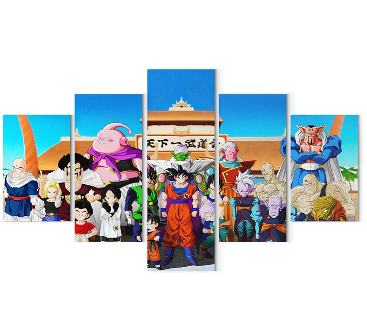 Une fresque représentant les personnages du manga Dragon Ball Z. On y retrouve Goku, Vegeta, Piccolo, Gohan, Trunks, Krilin, Yamcha,天津飯, Chiaotzu, Bulma, Videl, Sharpner, Oob, Majin Buu et d'autres personnages.,TA-7137559743,TA-8463094406,TA-488611590X,TA-2809001529,TA-2718001100,TA-2147740810,TA-2639569929,TA-4908705488