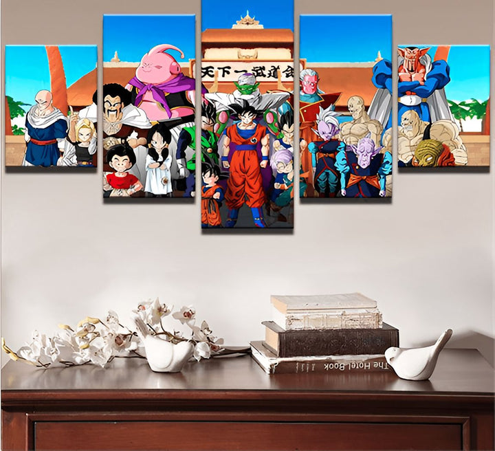 Une fresque représentant les personnages du dessin animé Dragon Ball Z. On y voit Goku, Vegeta, Piccolo, Gohan, Trunks, Krilin, Yamcha,天津飯, Chiaotzu, Bulma et d'autres personnages.,TA-7137559743,TA-8463094406,TA-488611590X,TA-2809001529,TA-2718001100,TA-2147740810,TA-2639569929,TA-4908705488