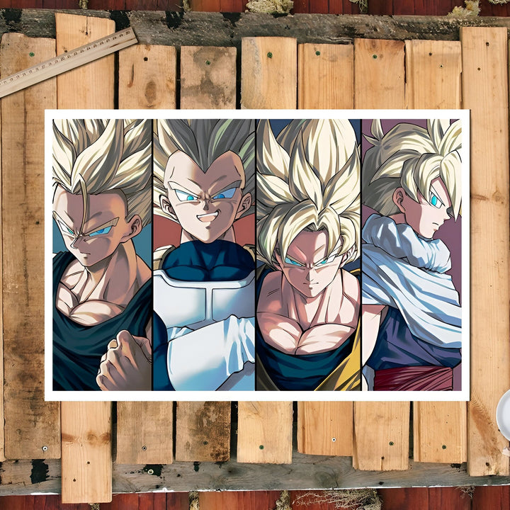 L'image représente les personnages de la série Dragon Ball Z, Vegeta, Goku, Gohan et Trunks.,TA-9675354151,TA-3484920467,TA-3197914333,TA-0022016864