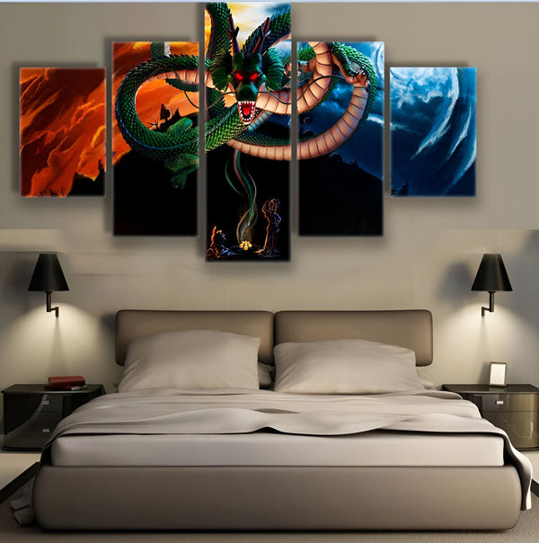 Une fresque représentant Shenron, le dragon sacré de la série animée japonaise Dragon Ball Z. Shenron est vert avec des écailles dorées et des yeux rouges. Il est entouré de nuages et de montagnes.,TA-407169744X,TA-4658562871,TA-6950454023,TA-0685401928,TA-5237181066,TA-7590913421,TA-6767594520,TA-0568777417