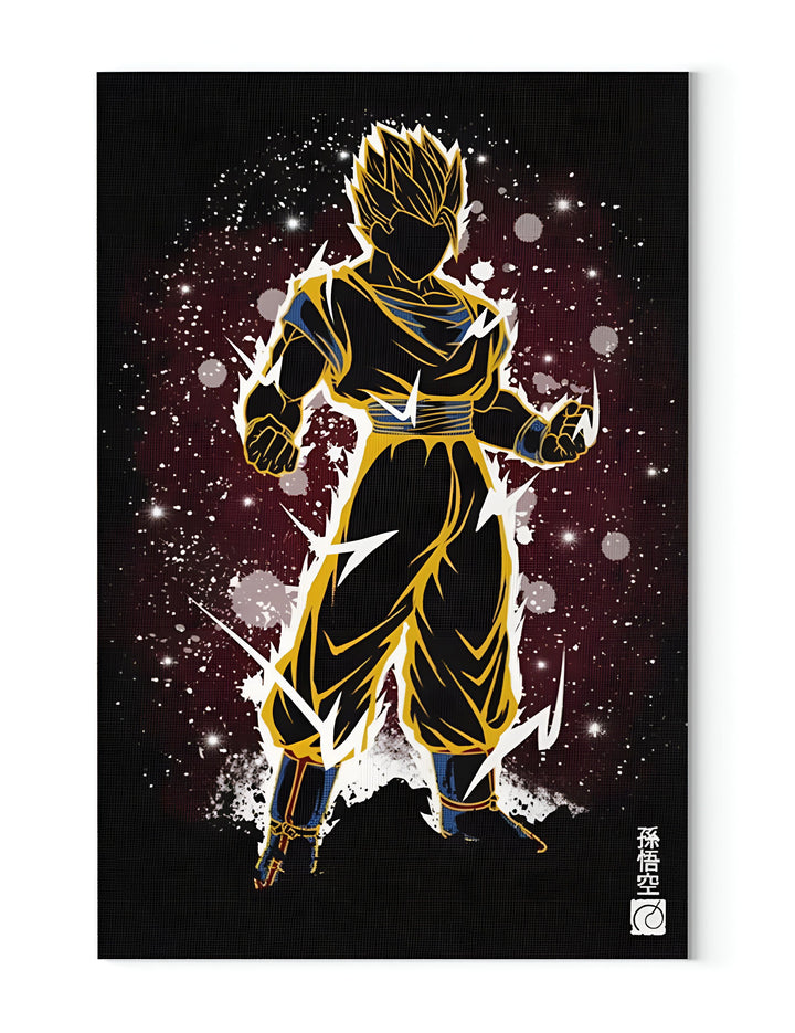 L'image représente Son Goku, un personnage de la série animée Dragon Ball Z. Il est représenté en train de se transformer en Super Saiyan, une transformation qui lui donne des cheveux jaunes et une aura dorée. Il est entouré d'un fond noir et rouge avec des étoiles blanches.,TA-2698777710,TA-1501496581,TA-0502482109,TA-7732790278