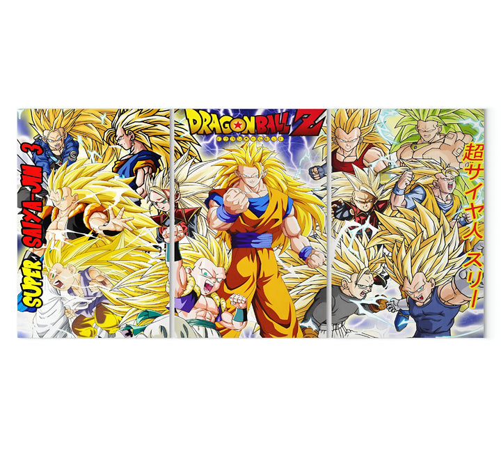 Une fresque en trois parties représentant les personnages du dessin animé Dragon Ball Z. On y voit Goku, Vegeta, Gohan, Trunks, Piccolo, Krilin, Yamcha,天津飯,餃子,Bacterian, Cui, Dodoria, Zarbon, Guldo, Recoome, Burter, Jeice, Captain Ginyu, Guldo, Recoome, Burter, Jeice, le Capitaine Ginyu, Freezer, Cell et Boo.,TA-0214043002,TA-0114598363,TA-2563281113,TA-8160481195,TA-9008720701,TA-3170777629