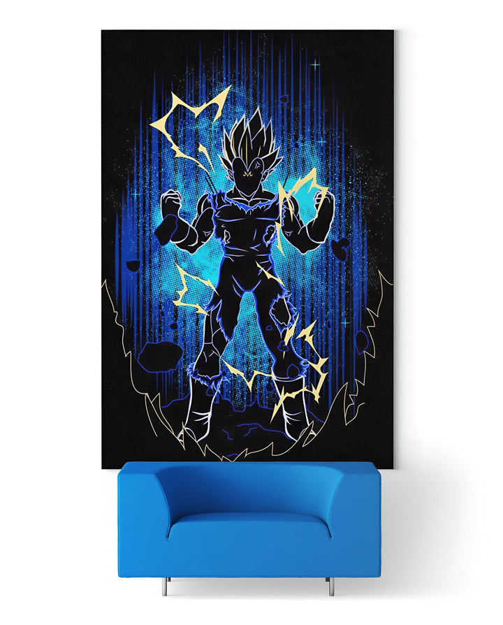 L'image représente un personnage de dessin animé, Vegeta, en train de se transformer en Super Saiyan. Il est entouré d'éclairs bleus et jaunes, et son corps est entouré d'une aura bleue.,TA-3848889889,TA-2009041240,TA-7658729027,TA-3464233898,TA-8431809353