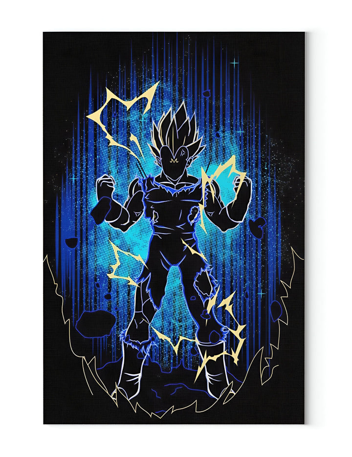 L'image représente un personnage de dessin animé, Vegeta, en train de se transformer en Super Saiyan. Il est entouré d'éclairs bleus et jaunes, et son corps est en surbrillance.,TA-3848889889,TA-2009041240,TA-7658729027,TA-3464233898,TA-8431809353