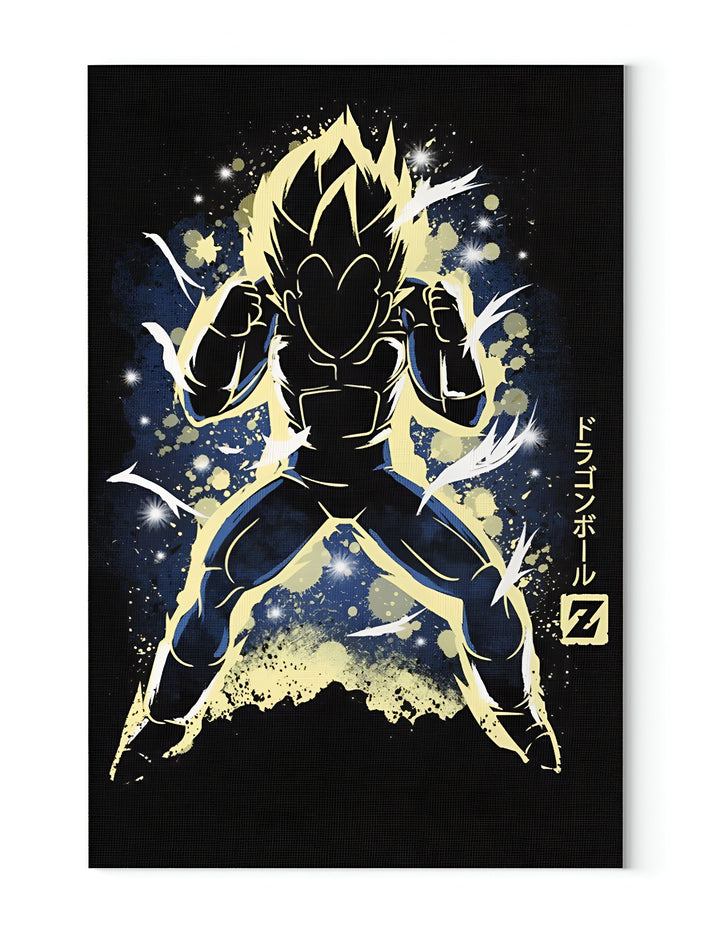 Une illustration de Vegeta, un personnage de la série animée Dragon Ball Z. Il est représenté de dos, avec les poings levés, prêt à se battre. L'arrière-plan est jaune et bleu, avec des éclairs blancs. Le texte "Dragon Ball Z" est écrit en japonais en haut à droite.,TA-0258096144,TA-0884598462,TA-1807166341,TA-4808273497