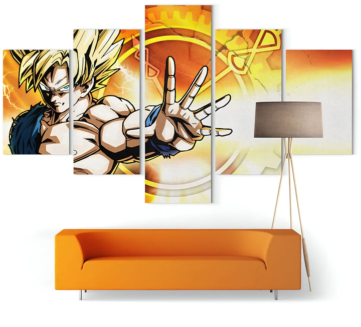 Une image de Son Goku, un personnage de la série animée Dragon Ball Z. Il est représenté en train de se battre, avec ses cheveux blonds hérissés et ses muscles saillants. Il porte une combinaison orange et bleue, et il est entouré d'un fond jaune et orange.,TA-8966963498,TA-5449887361,TA-9644880358,TA-5009845458,TA-2268791572,TA-0061344435