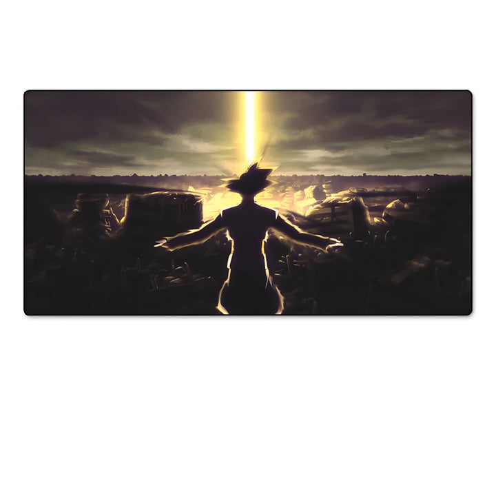 Une image de Son Goku, un personnage de la série animée Dragon Ball Z, debout dans un champ de ruines. Il est entouré de fumée et de débris, et il a l'air déterminé.,TA-031758832X