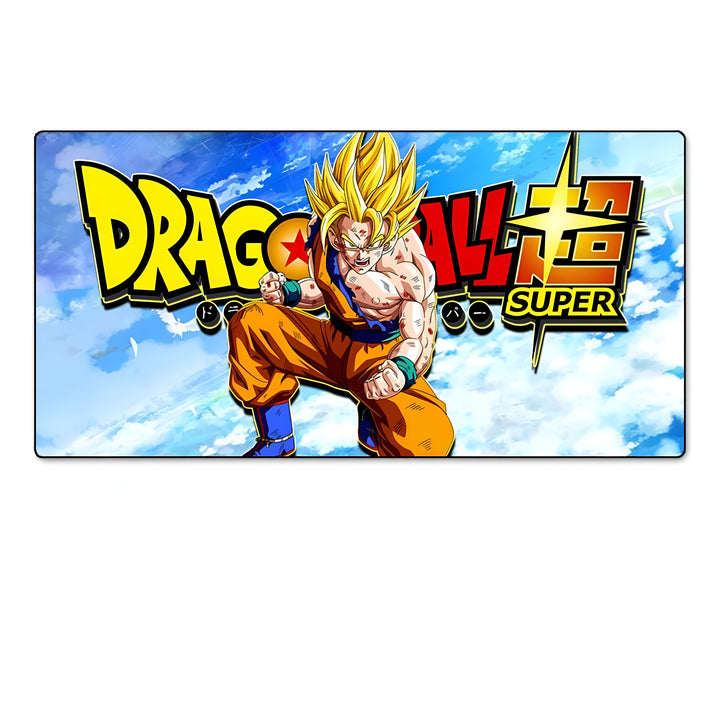 Une image de Son Goku, un personnage de la série animée Dragon Ball Super. Il est représenté en train de se battre, avec ses cheveux jaunes hérissés et sa combinaison orange déchirée. Le fond de l'image est bleu et blanc, avec des nuages et le logo de Dragon Ball Super.,TA-5822925146